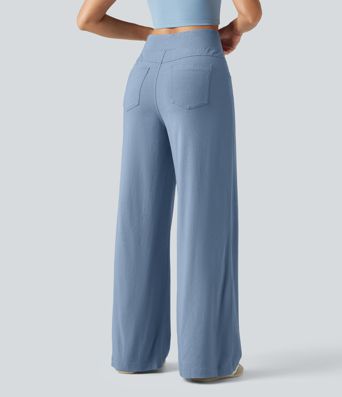 High Waisted Tummy Control Wide Leg Casual Stretch Linen Pants with Pockets