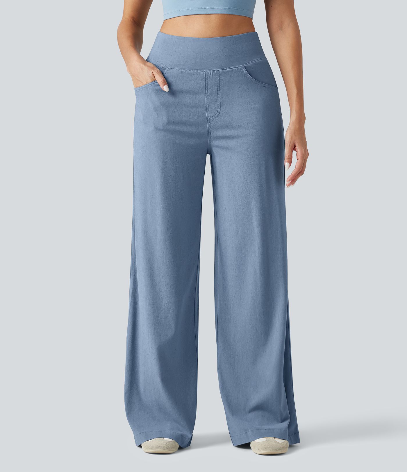 High Waisted Tummy Control Wide Leg Casual Stretch Linen Pants with Pockets