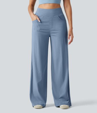 High Waisted Tummy Control Wide Leg Casual Stretch Linen Pants with Pockets