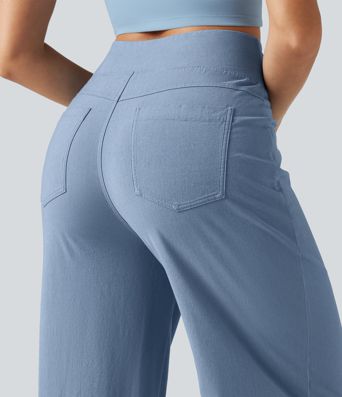 High Waisted Tummy Control Wide Leg Casual Stretch Linen Pants with Pockets