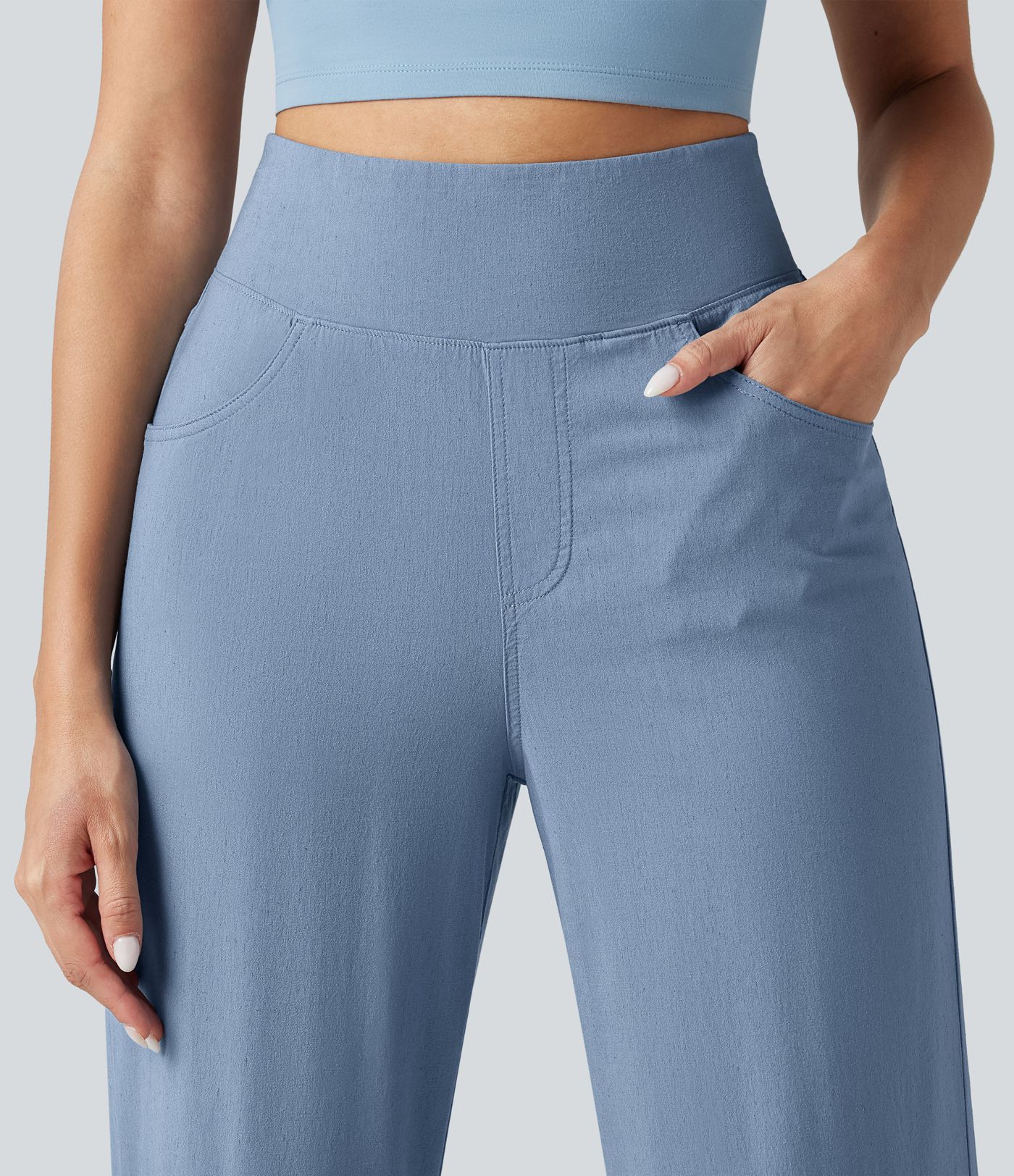 High Waisted Tummy Control Wide Leg Casual Stretch Linen Pants with Pockets