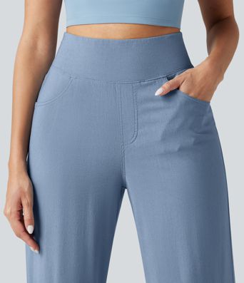 High Waisted Tummy Control Wide Leg Casual Stretch Linen Pants with Pockets