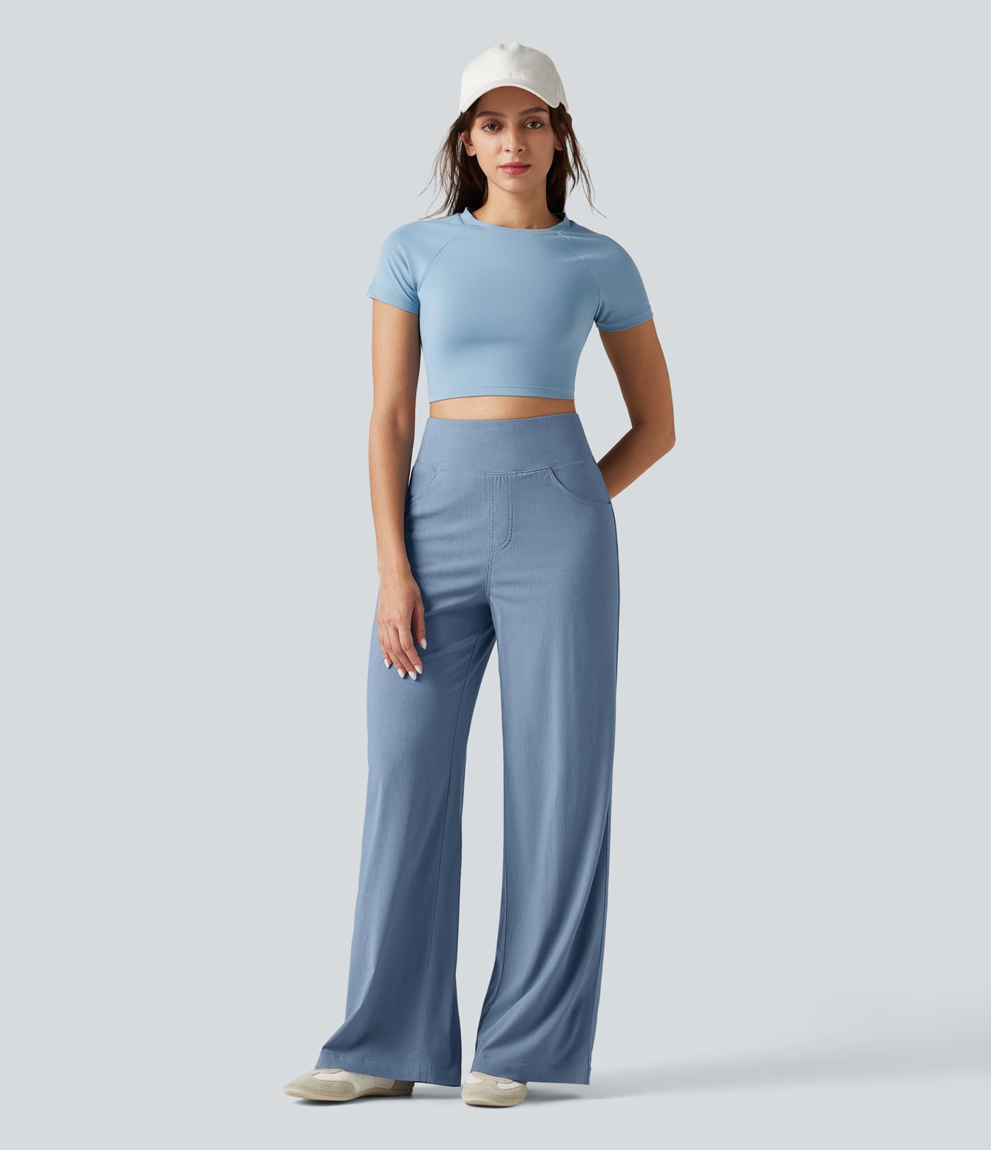 High Waisted Tummy Control Wide Leg Casual Stretch Linen Pants with Pockets