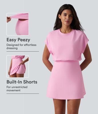 SoftlyZero™ Airy Round Neck Short Sleeve 2-in-1 Cool Touch Mini Yoga Active Dress with Pockets-Easy Peezy Edition