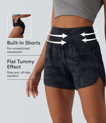 Halara UltraSculpt™ Camo Print High Waisted Tummy Control Curved Hem 2-in-1 Running Shorts with Pocket
