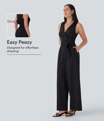 V Neck Sleeveless Belted Stripe InstantCool Work Jumpsuit with Pockets-Easy Peezy V Neck Sleeveless Belted Stripe InstantCool Work Jumpsuit with Pockets-Easy Peezy