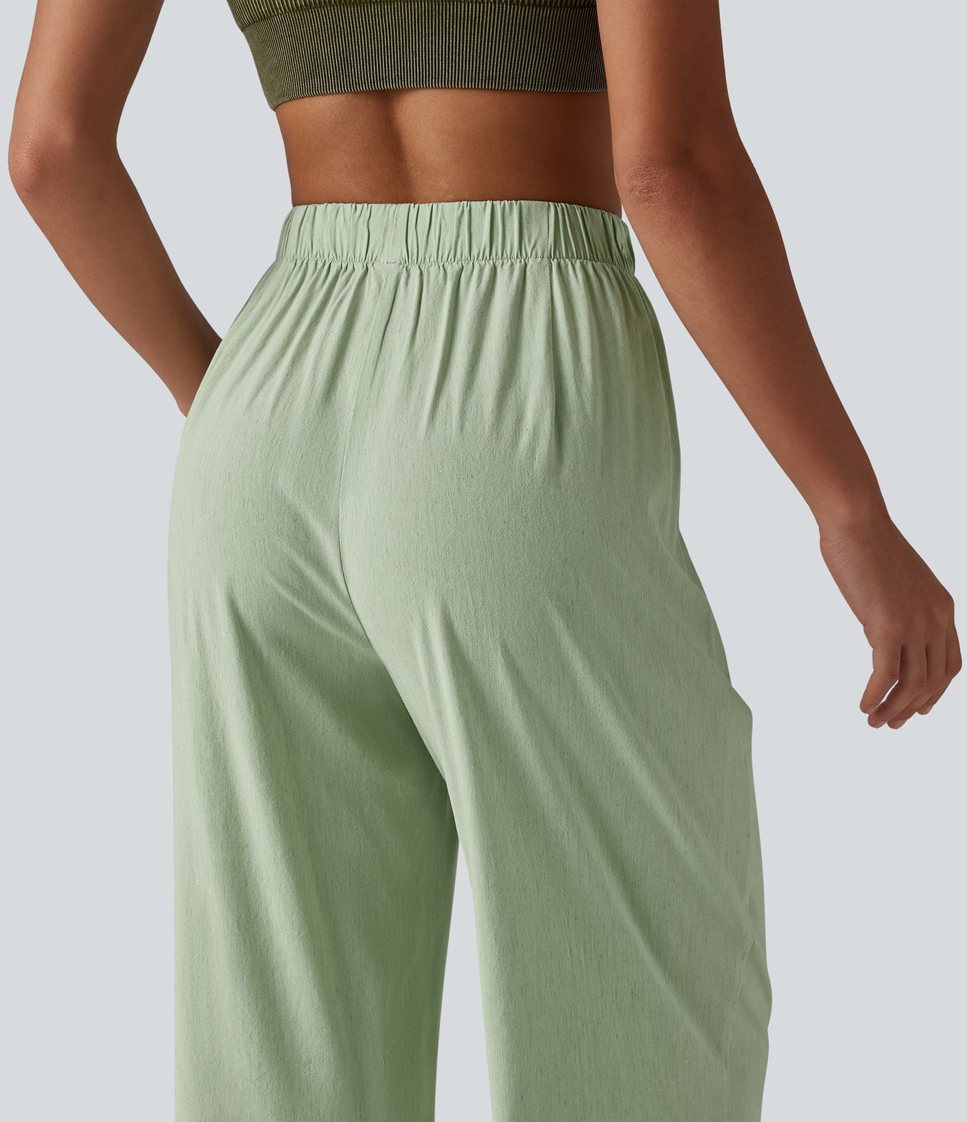 High Waisted Straight Leg 7/8 Casual Stretch Linen Trousers with Pockets