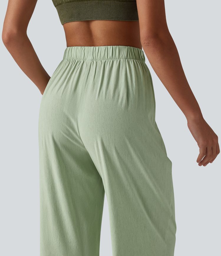 High Waisted Straight Leg 7/8 Casual Stretch Linen Trousers with Pockets