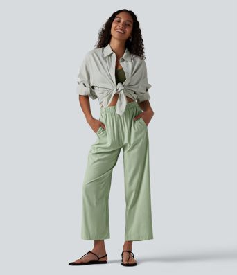 High Waisted Straight Leg 7/8 Casual Stretch Linen Trousers with Pockets
