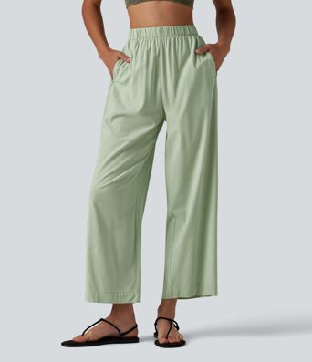 High Waisted Straight Leg 7/8 Casual Stretch Linen Trousers with Pockets