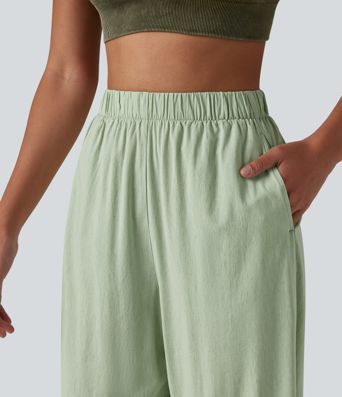 High Waisted Straight Leg 7/8 Casual Stretch Linen Trousers with Pockets