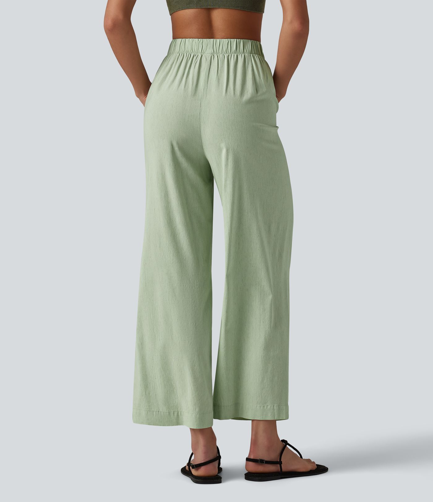 High Waisted Straight Leg 7/8 Casual Stretch Linen Trousers with Pockets