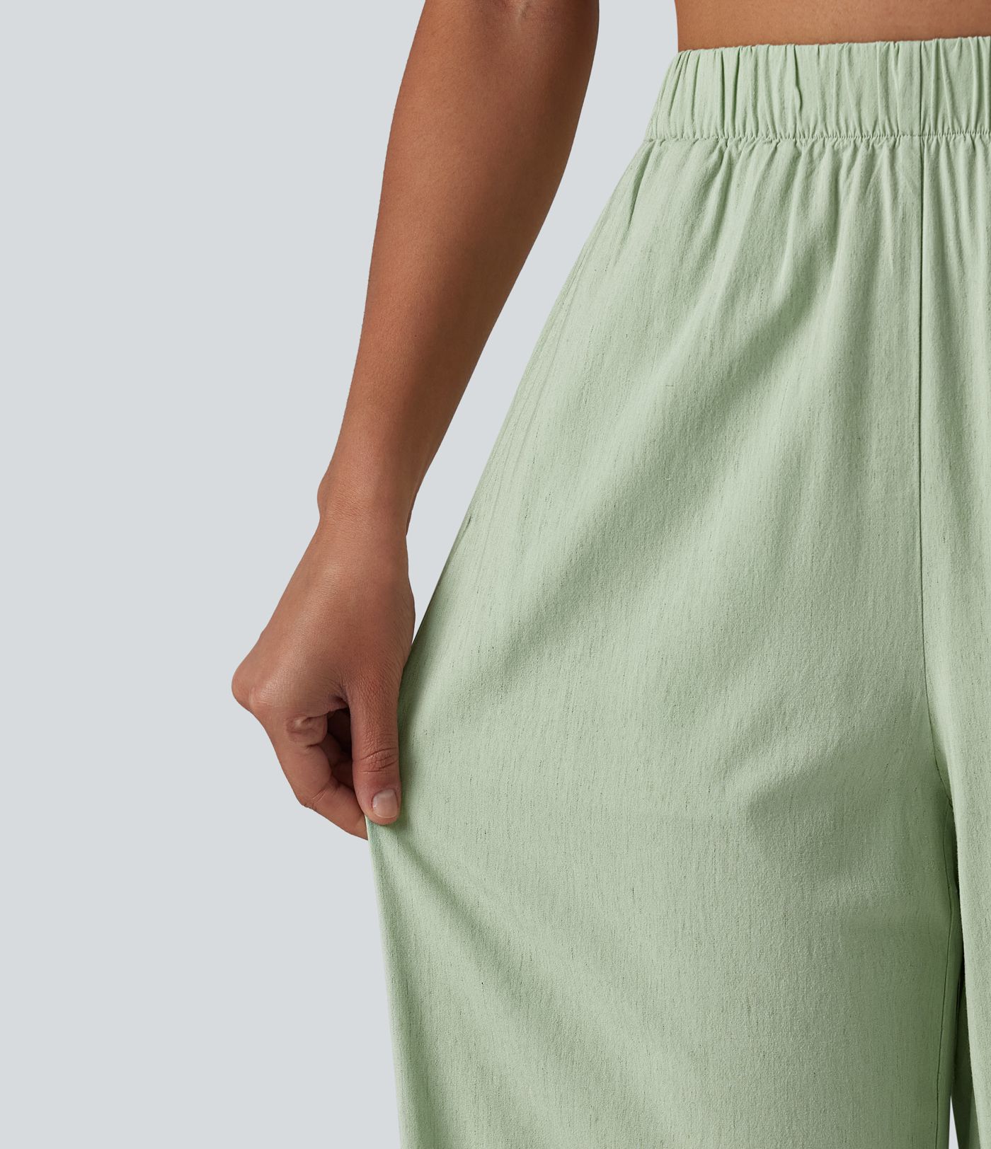 High Waisted Straight Leg 7/8 Casual Stretch Linen Trousers with Pockets