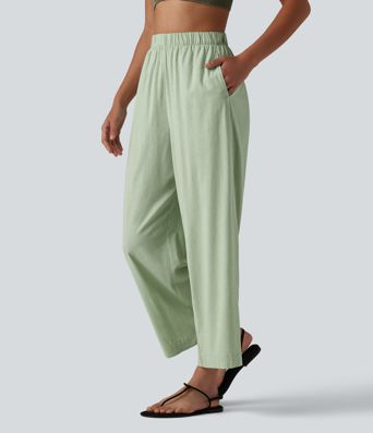 High Waisted Straight Leg 7/8 Casual Stretch Linen Trousers with Pockets