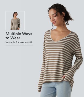 Deep V-neck Long Sleeve Thumb Holes Stripes Relaxed T-Shirt-Front and Back Wearable Deep V-neck Long Sleeve Thumb Holes Stripes Relaxed T-Shirt-Front and Back Wearable