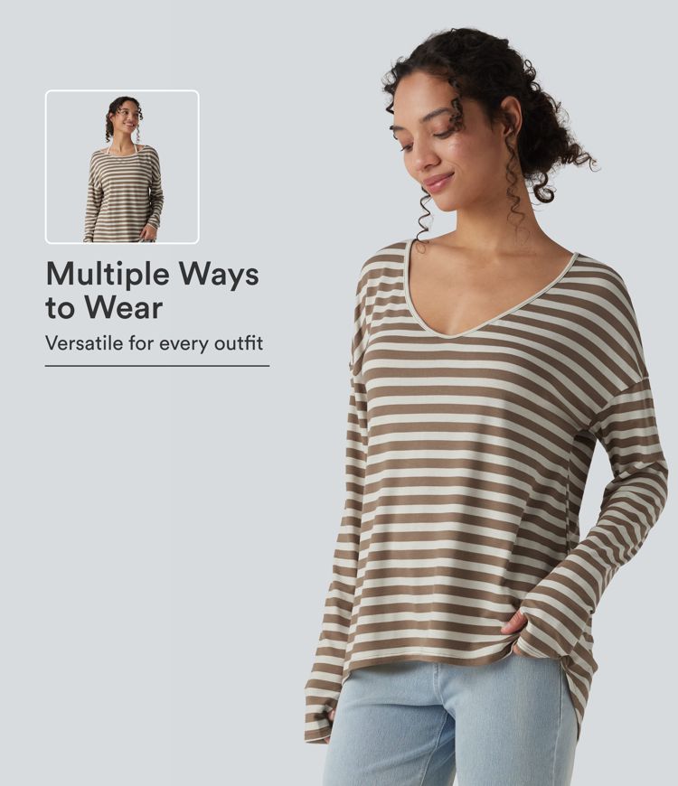 Deep V-neck Long Sleeve Thumb Holes Stripes Relaxed T-Shirt-Front and Back Wearable Deep V-neck Long Sleeve Thumb Holes Stripes Relaxed T-Shirt-Front and Back Wearable