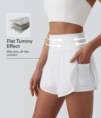 High Waisted Tummy Control Reflective Dots Crossover Curved Hem 2-in-1 Eyelet Yoga Shorts with Pockets