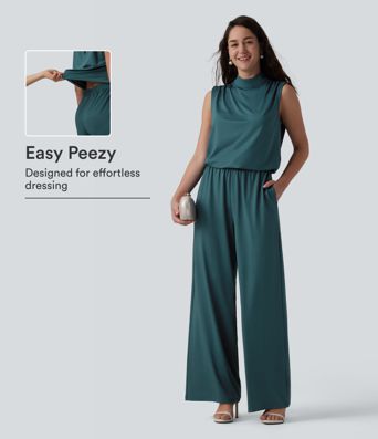 Stand Collar Sleeveless Straight Leg Bridesmaid And Wedding Guest Jumpsuit with Pockets-Easy Peezy