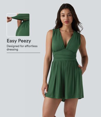 Ribbed V-neck Sleeveless Ruched Built-in Bra Casual Romper with Pockets-Easy Peezy