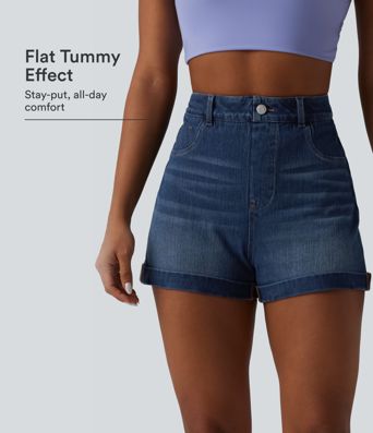 Halara Flex™ High Waisted Tummy Control Rolled Hem Denim Casual Shorts with Pockets