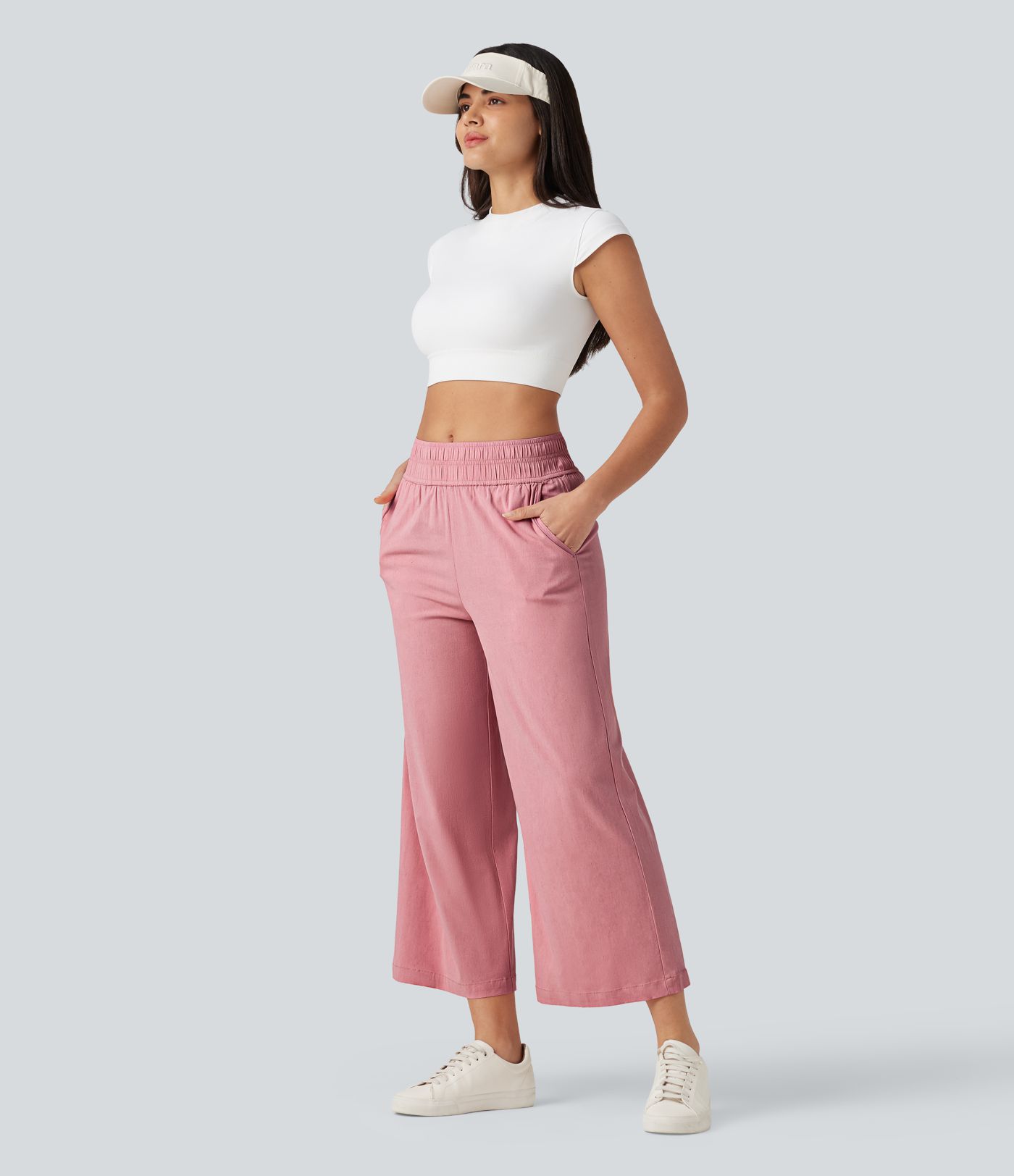 Pantalon large fluide 7/8 taille mi-haute en lin extensible avec poches