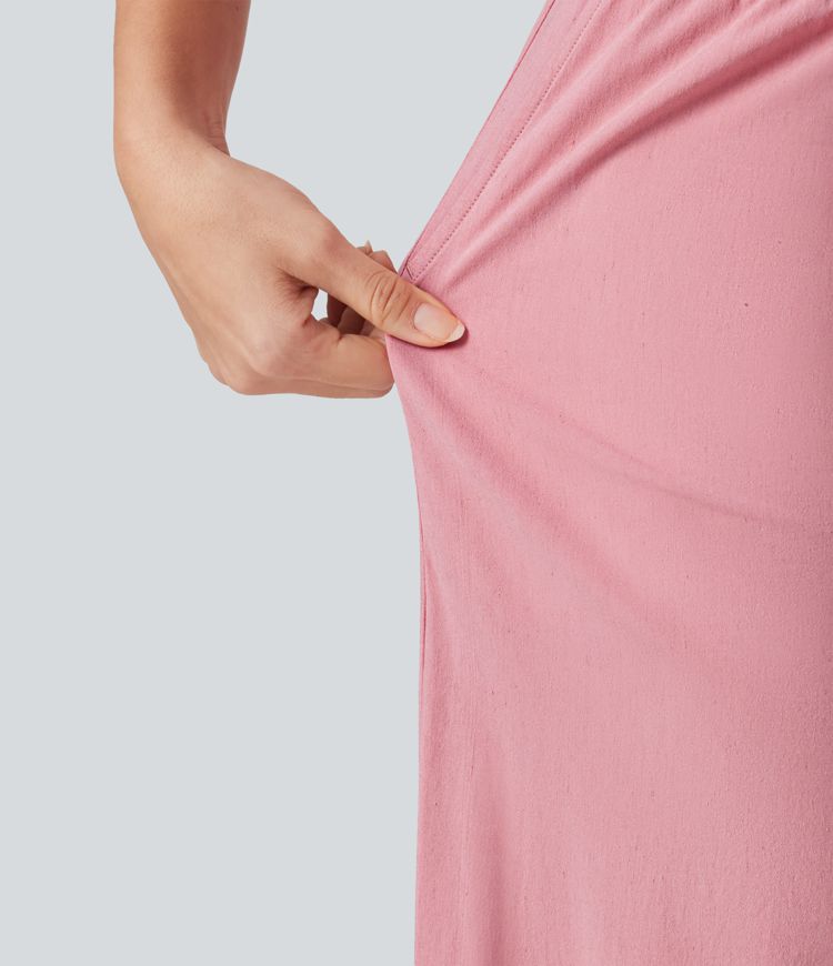 Pantalon large fluide 7/8 taille mi-haute en lin extensible avec poches