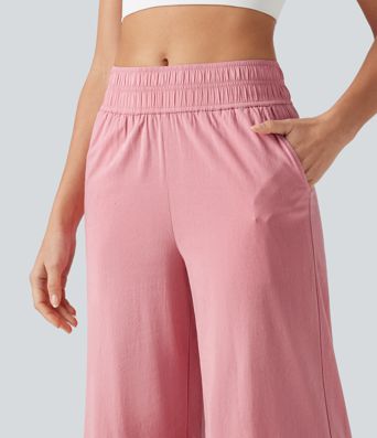 Pantalon large fluide 7/8 taille mi-haute en lin extensible avec poches