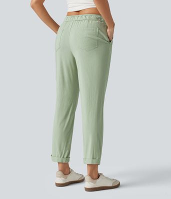Mid Rise Drawstring Casual Stretch Linen Slim Pants with Pockets