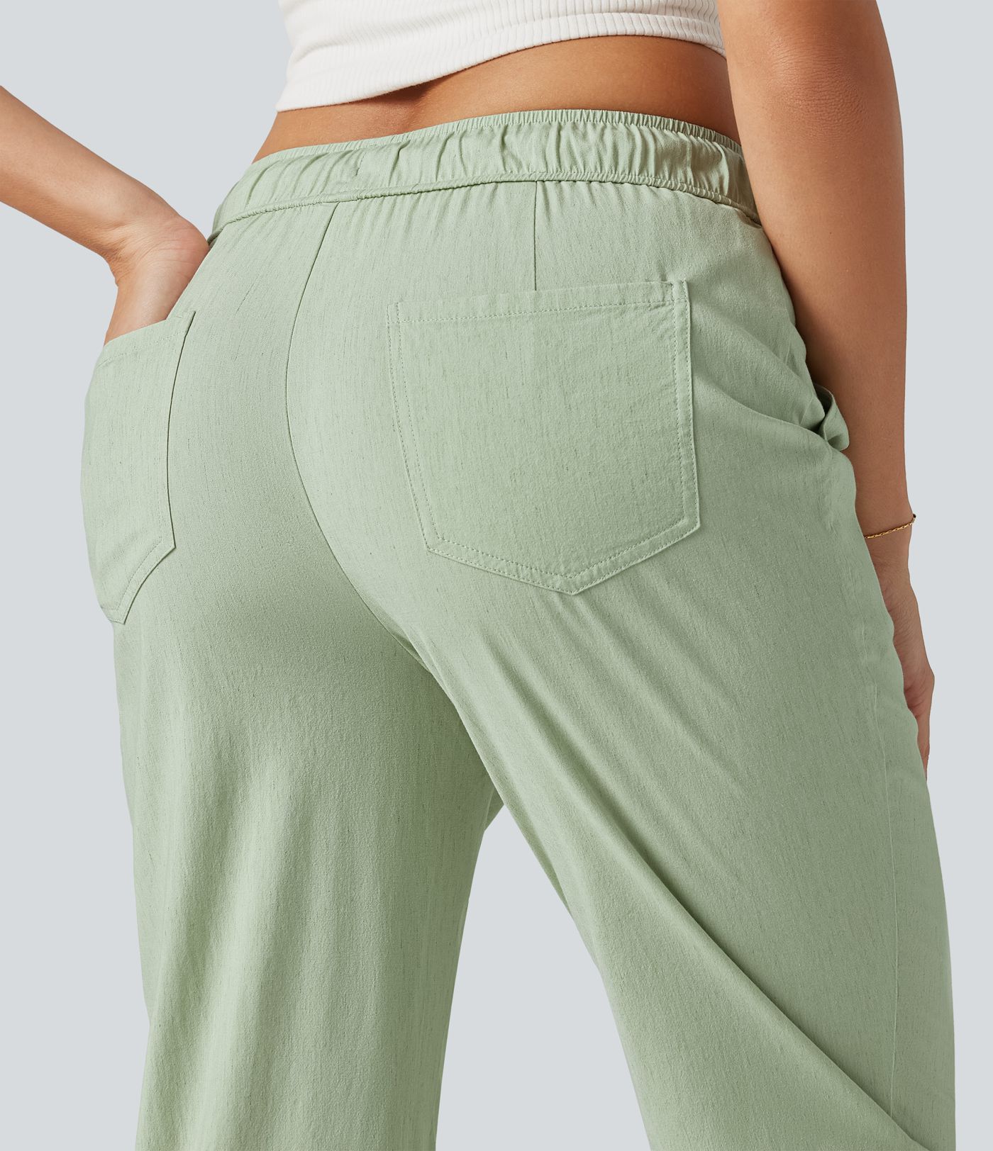 Mid Rise Drawstring Casual Stretch Linen Slim Pants with Pockets