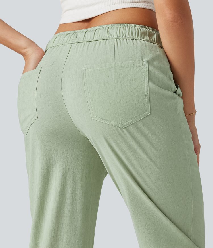 Mid Rise Drawstring Casual Stretch Linen Slim Pants with Pockets