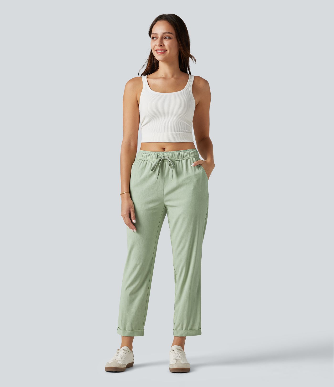 Mid Rise Drawstring Casual Stretch Linen Slim Pants with Pockets