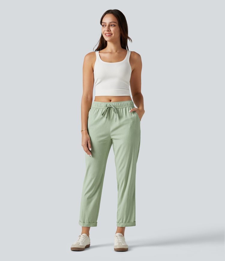 Mid Rise Drawstring Casual Stretch Linen Slim Pants with Pockets
