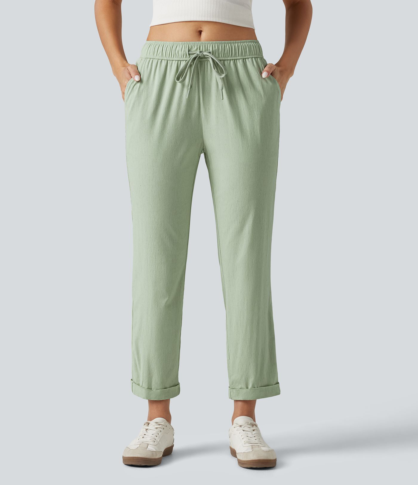 Mid Rise Drawstring Casual Stretch Linen Slim Pants with Pockets