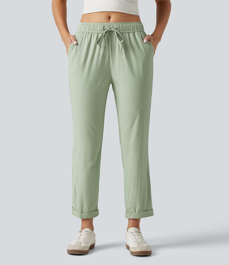 Mid Rise Drawstring Casual Stretch Linen Slim Pants with Pockets