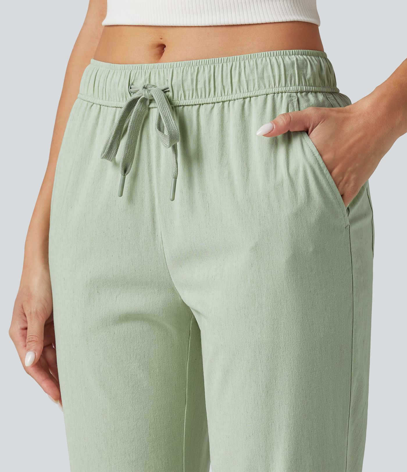 Mid Rise Drawstring Casual Stretch Linen Slim Pants with Pockets