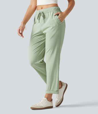Mid Rise Drawstring Casual Stretch Linen Slim Pants with Pockets
