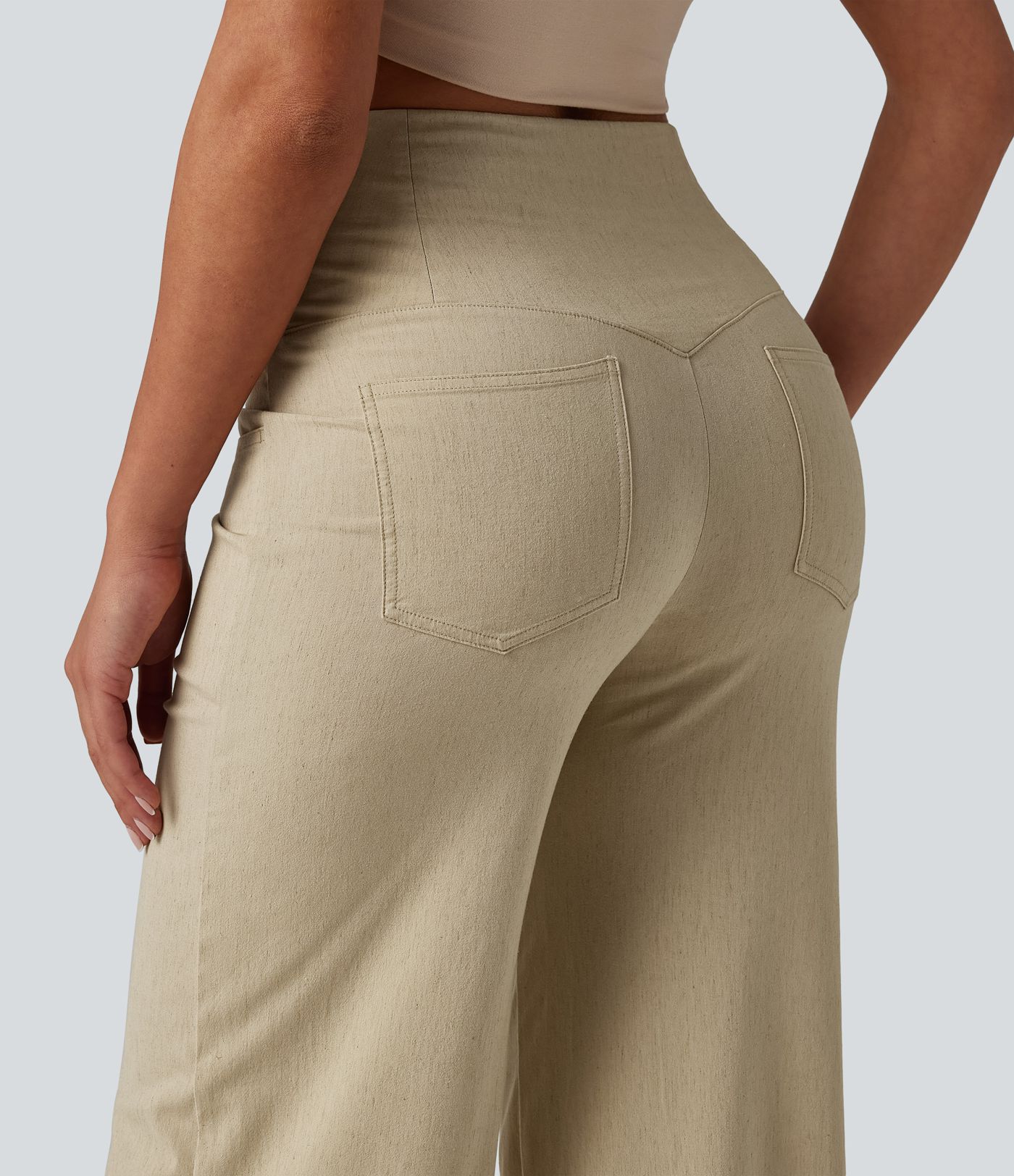 High Waisted Tummy Control Wide Leg Casual Stretch Linen Pants with Pockets