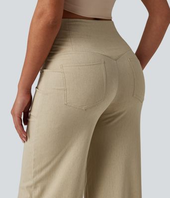 High Waisted Tummy Control Wide Leg Casual Stretch Linen Pants with Pockets