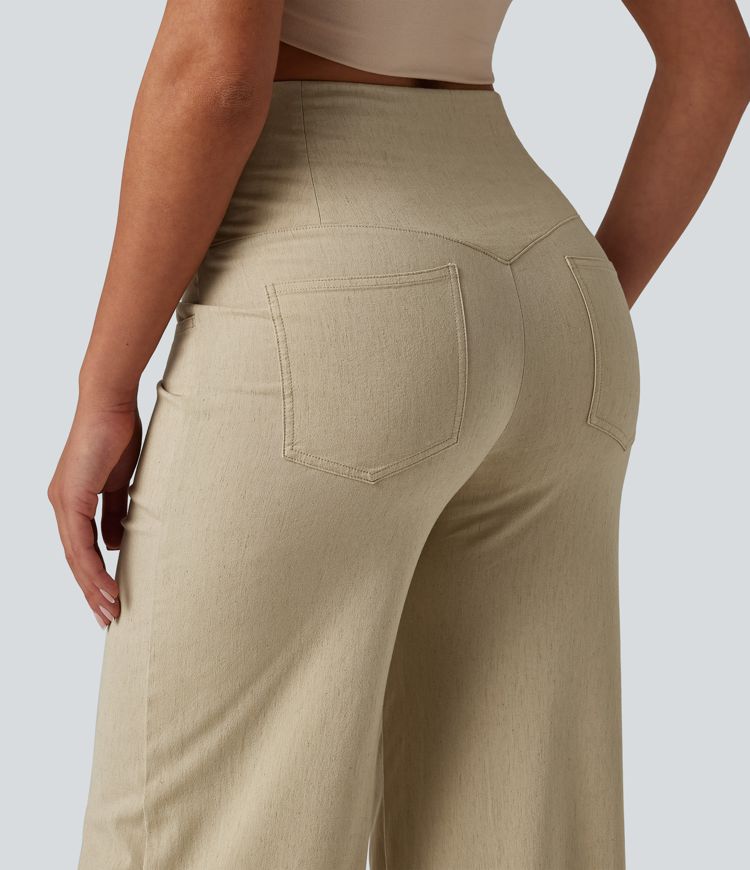High Waisted Tummy Control Wide Leg Casual Stretch Linen Pants with Pockets