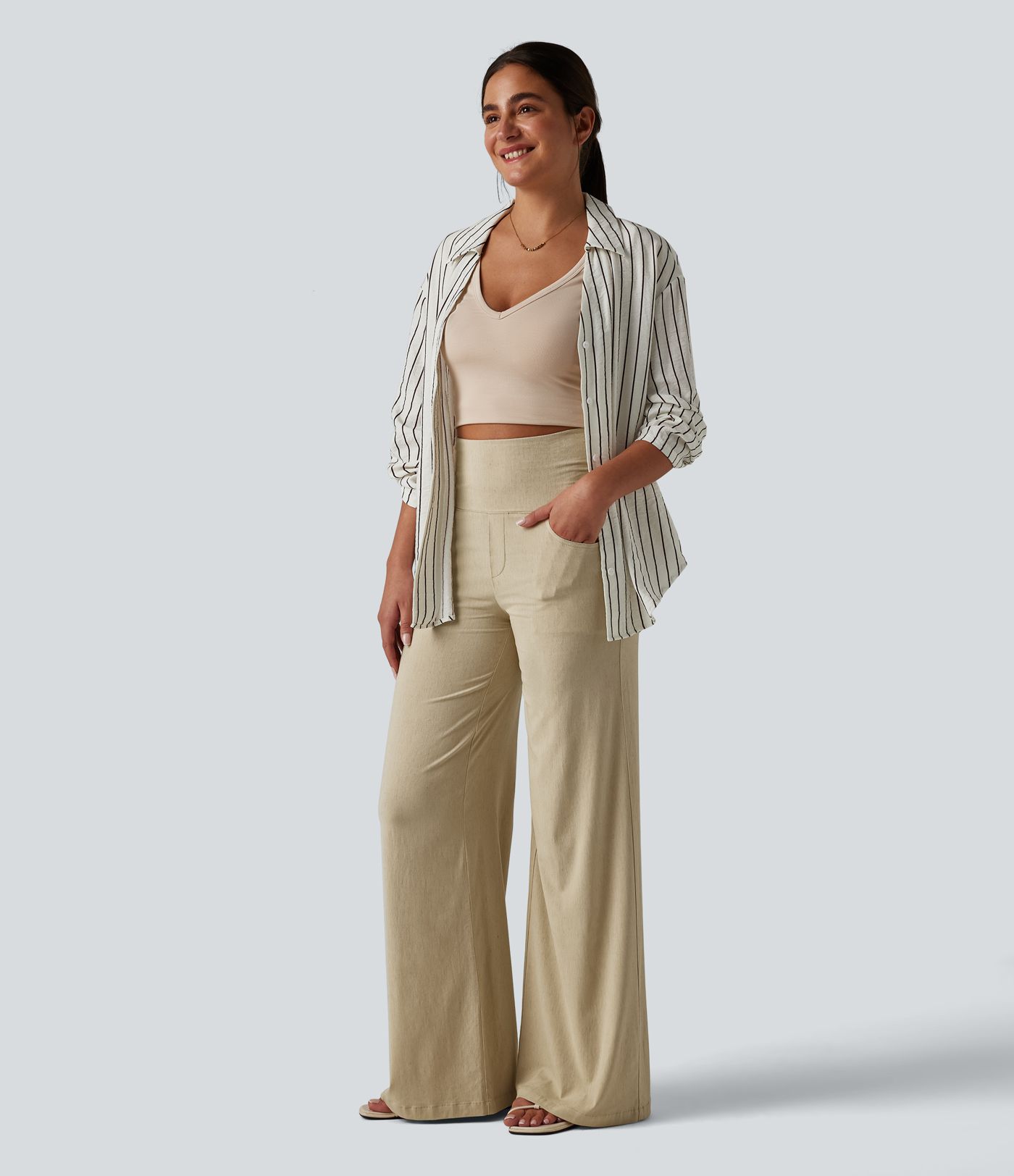 High Waisted Tummy Control Wide Leg Casual Stretch Linen Pants with Pockets