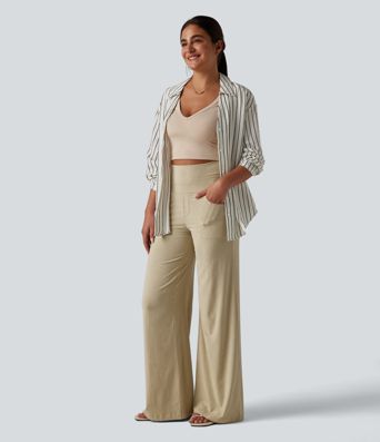 High Waisted Tummy Control Wide Leg Casual Stretch Linen Pants with Pockets
