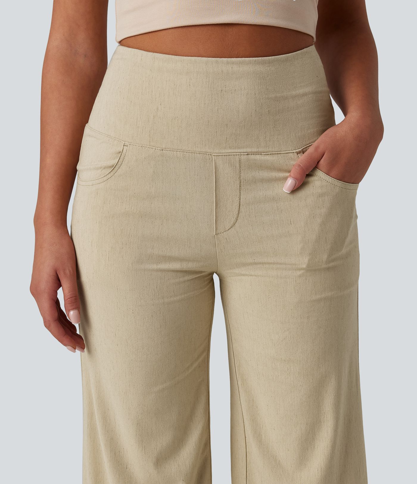 High Waisted Tummy Control Wide Leg Casual Stretch Linen Pants with Pockets