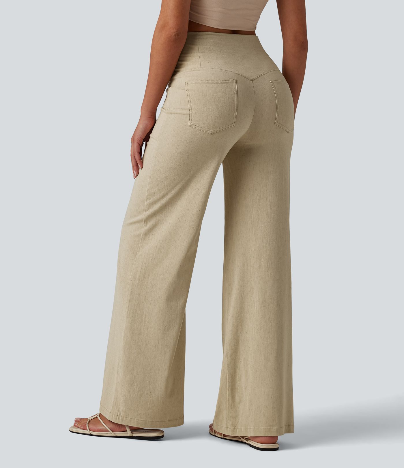 High Waisted Tummy Control Wide Leg Casual Stretch Linen Pants with Pockets