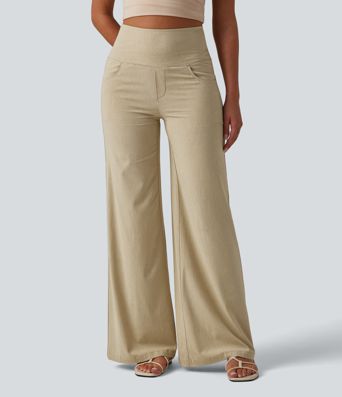High Waisted Tummy Control Wide Leg Casual Stretch Linen Pants with Pockets
