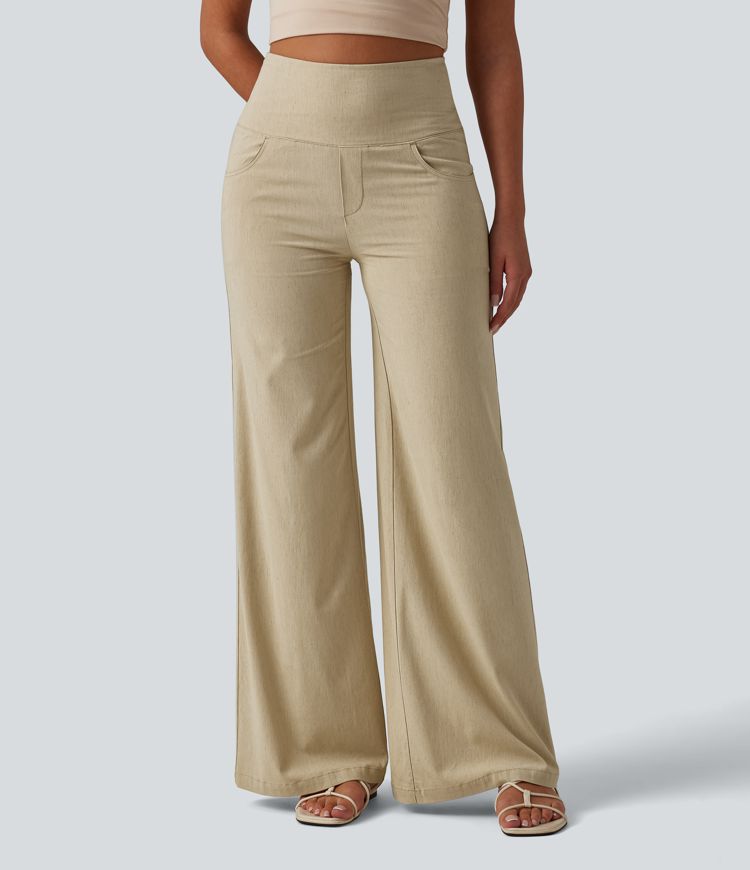 High Waisted Tummy Control Wide Leg Casual Stretch Linen Pants with Pockets