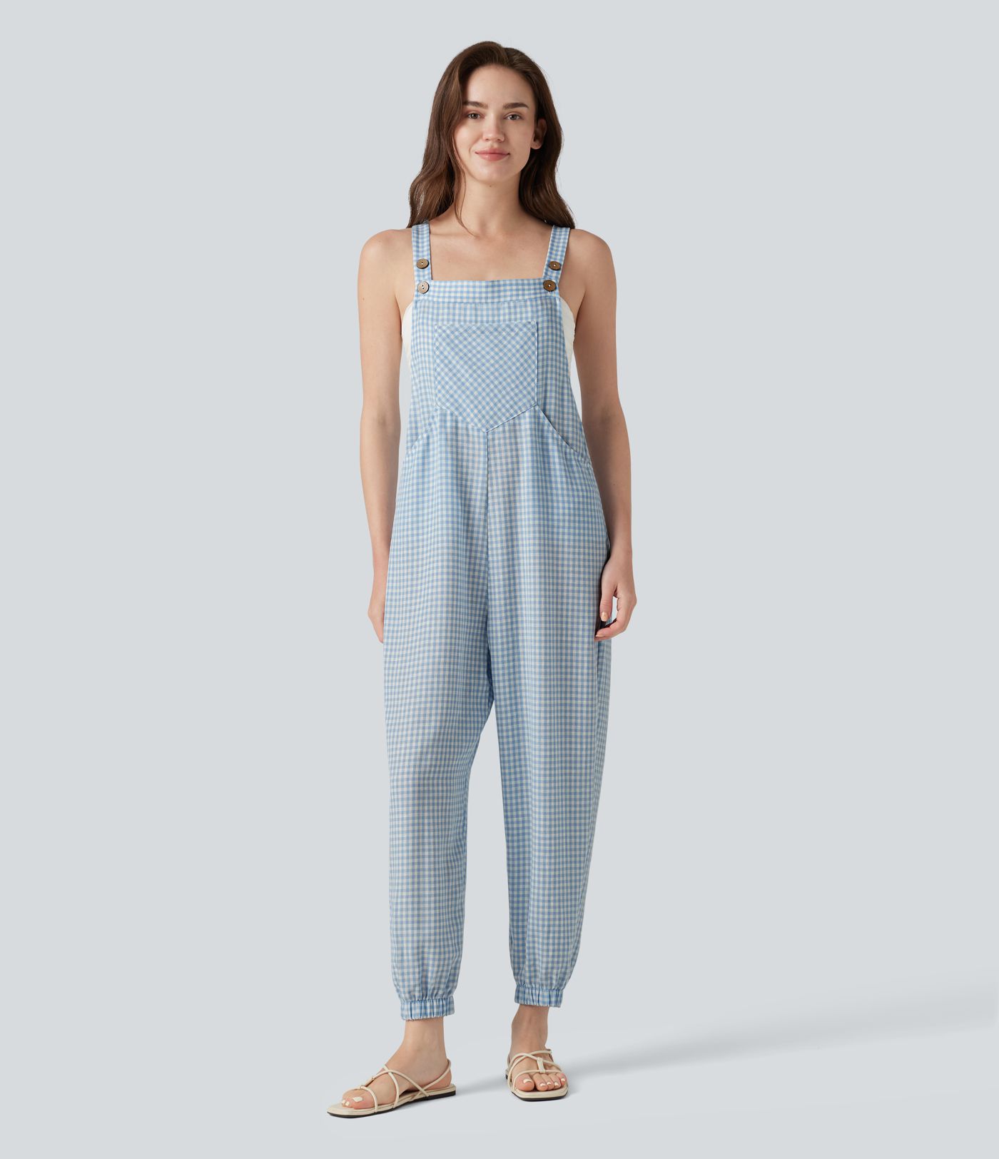 Plaid Casual Linen-Feel Jogger Overalls with Pockets