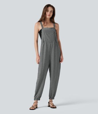 Plaid Casual Linen-Feel Jogger Overalls with Pockets