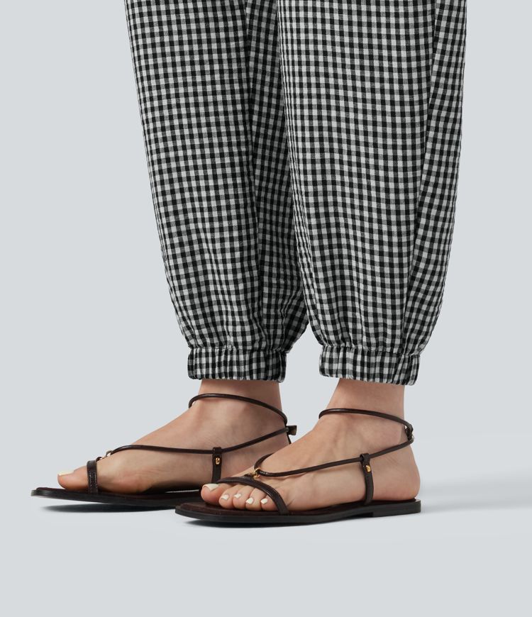 Plaid Casual Linen-Feel Jogger Overalls with Pockets
