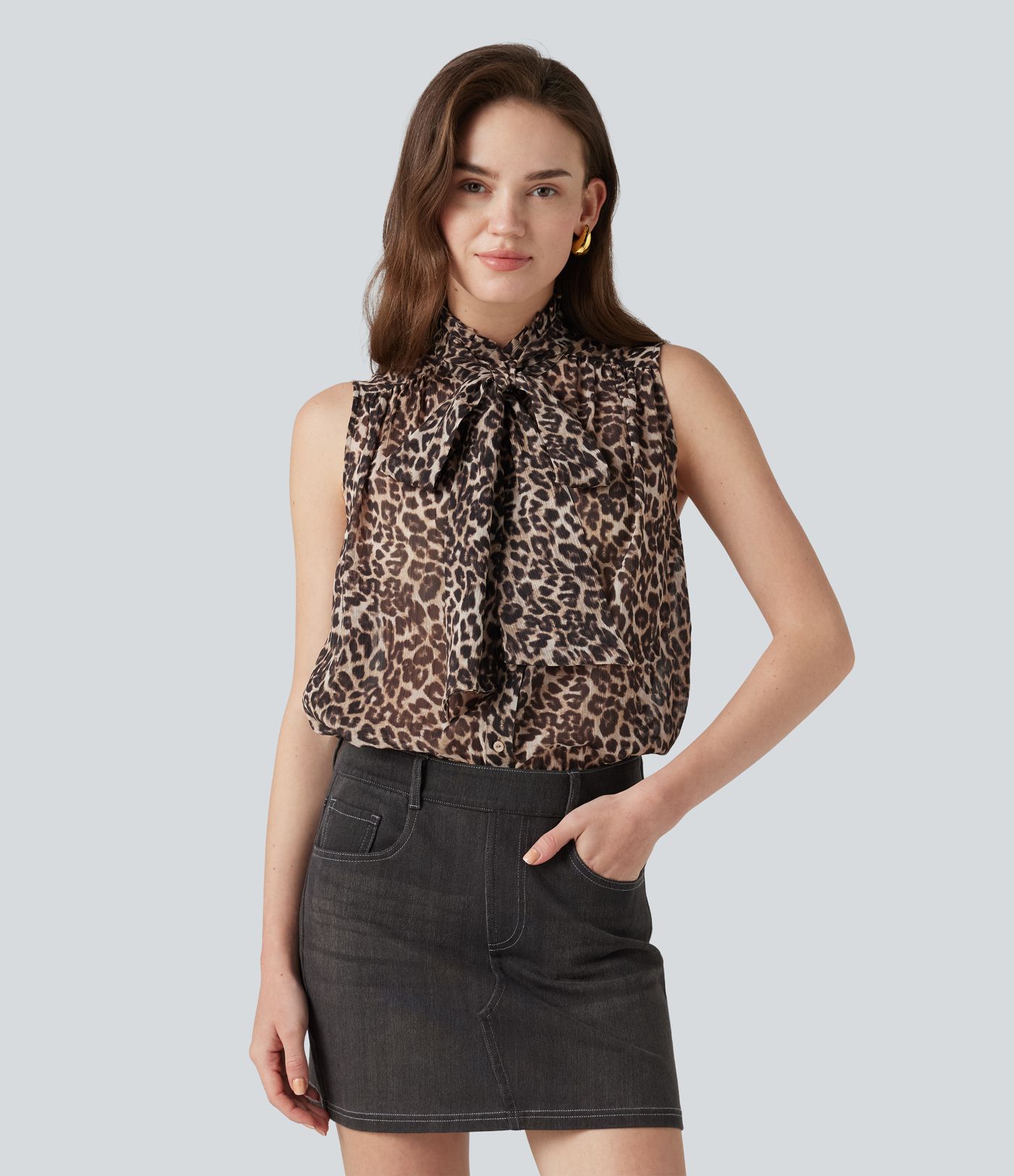 Mock Neck Tie Sleeveless Leopard Print Work Chiffon Blouse