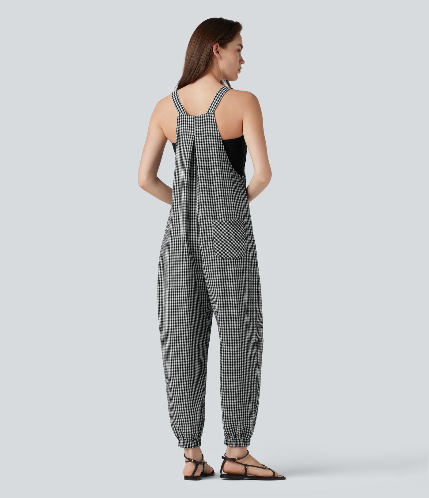 Plaid Casual Linen-Feel Jogger Overalls with Pockets